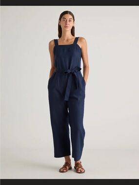 Quince Navy Square-Neck Linen Blend Jumpsuit with Tie Belt